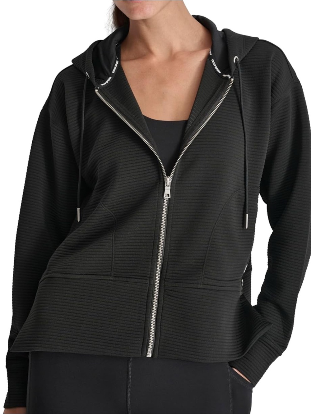 ❤️ NWOT DKNY Women's Black Ribbed Hoodie Lightweight Sweatshirt Gym Top Shirt